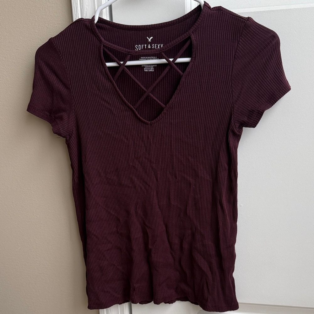 American Eagle Outfitters Deep Burgundy Crisscross Tee